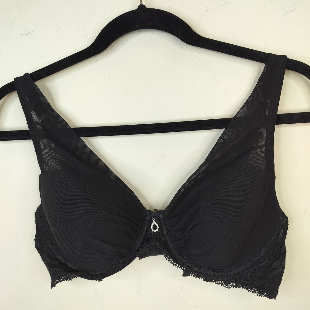 Soma Mesh Lace Bra 36B Women's Underwire Rhinestone Glam Black